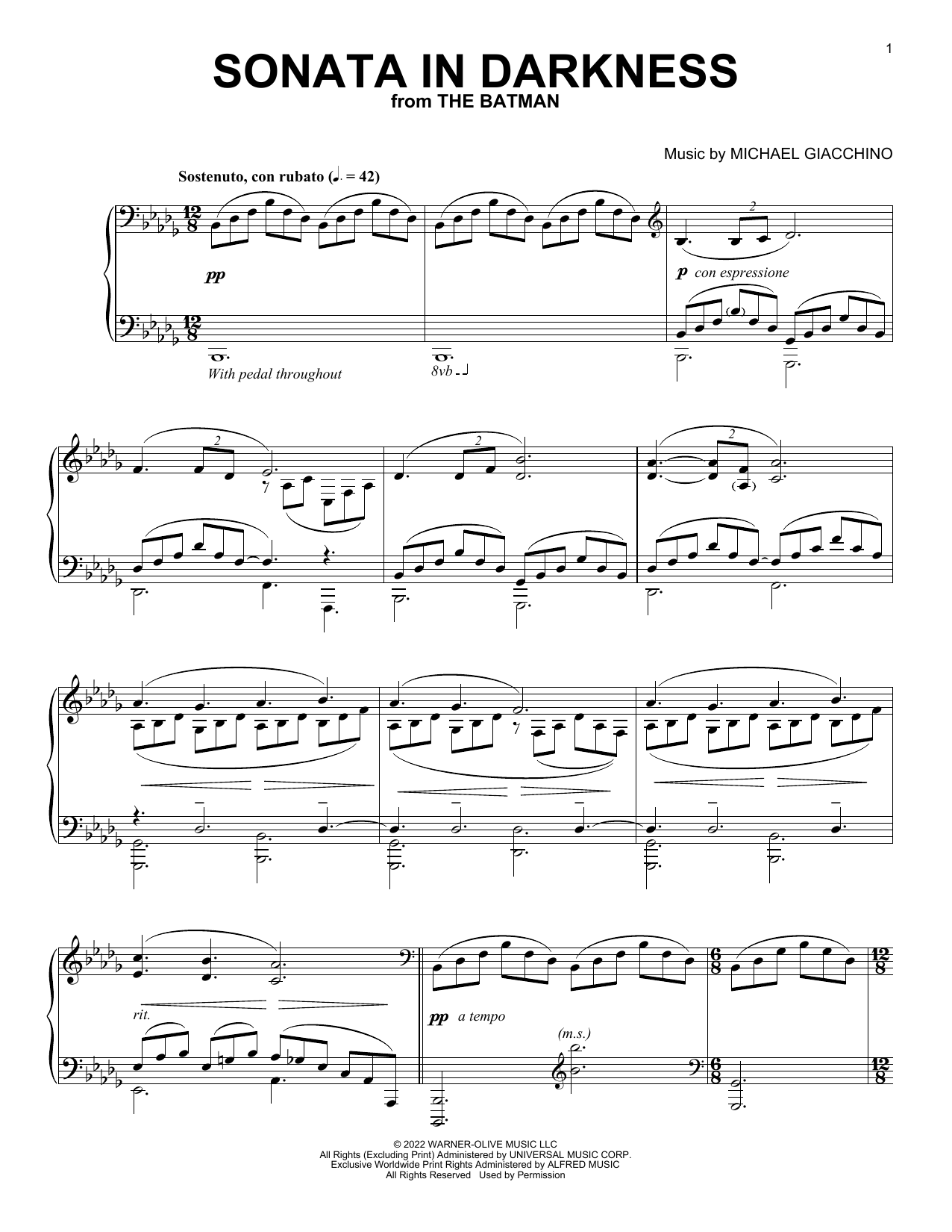 Michael Giacchino Sonata In Darkness (from The Batman) sheet music notes and chords. Download Printable PDF.