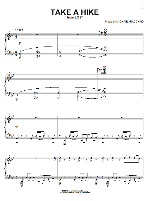 Learn to play Michael Giacchino Take A Hike (from Lost) sheet music for Piano Solo in minutes. Price: 7.8900$ Michael Giacchino Take A Hike (from Lost) sheet music notes and chords arranged for Piano Solo