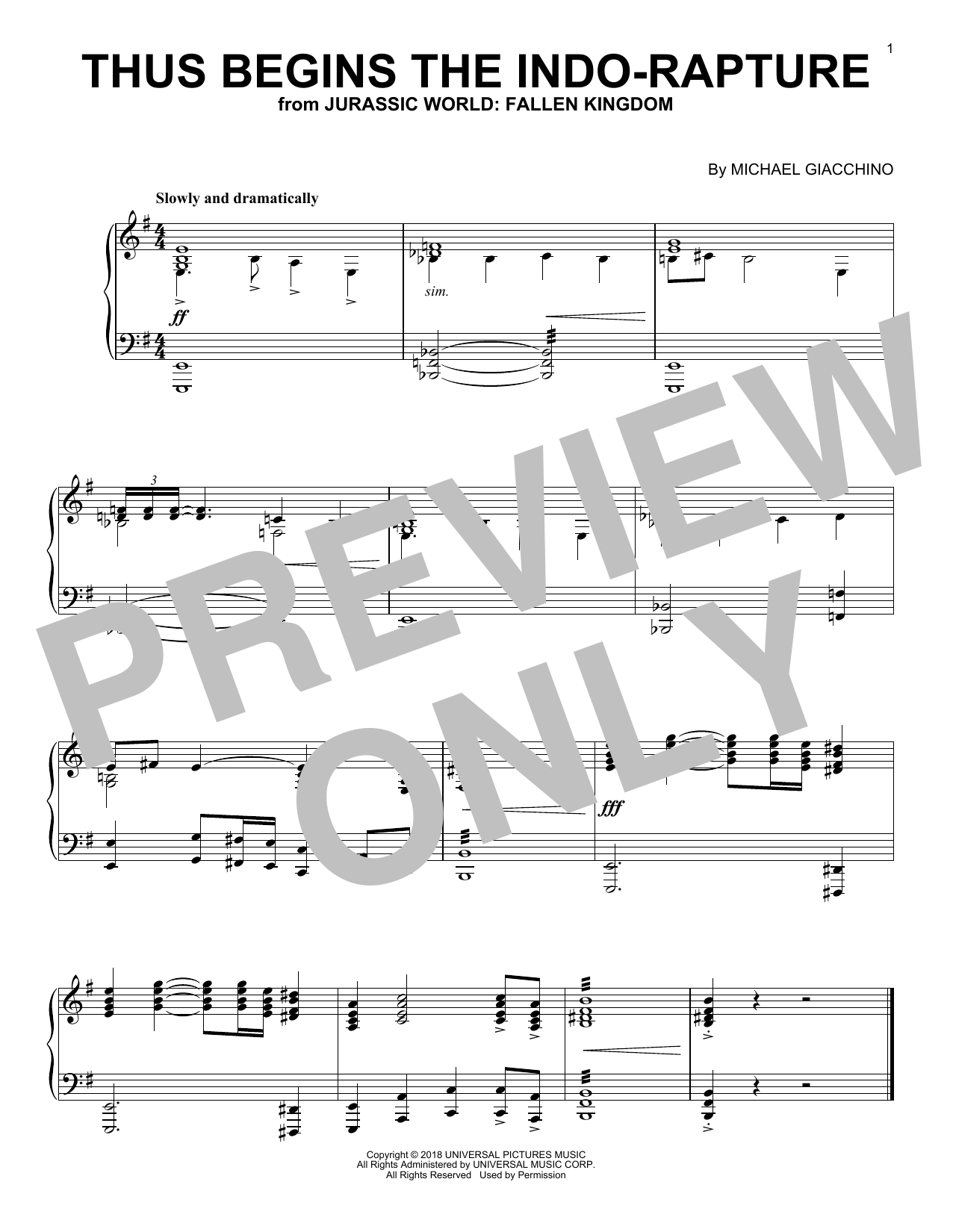 Learn to play Michael Giacchino Thus Begins The Indo-Rapture (from Jurassic World: Fallen Kingdom) sheet music for Piano Solo in minutes. Price: 6.9900$ Michael Giacchino Thus Begins The Indo-Rapture (from Jurassic World: Fallen Kingdom) sheet music notes and chords arranged for Piano Solo