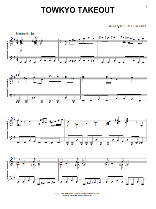 Learn to play Michael Giacchino Towkyo Takeout sheet music for Piano Solo in minutes. Price: 7.8900$ Michael Giacchino Towkyo Takeout sheet music notes and chords arranged for Piano Solo