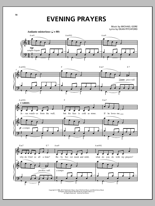 Michael Gore Evening Prayers (from Carrie The Musical) sheet music notes and chords. Download Printable PDF.