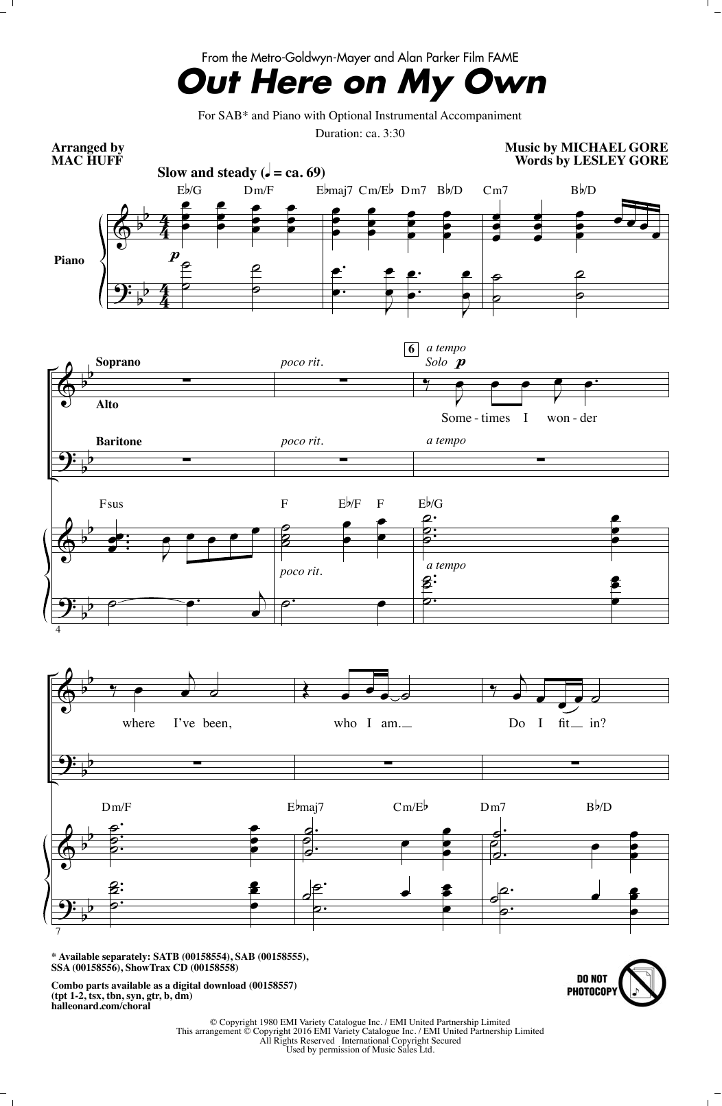 Michael Gore Out Here On My Own (from Fame) (arr. Mac Huff) sheet music notes and chords. Download Printable PDF.