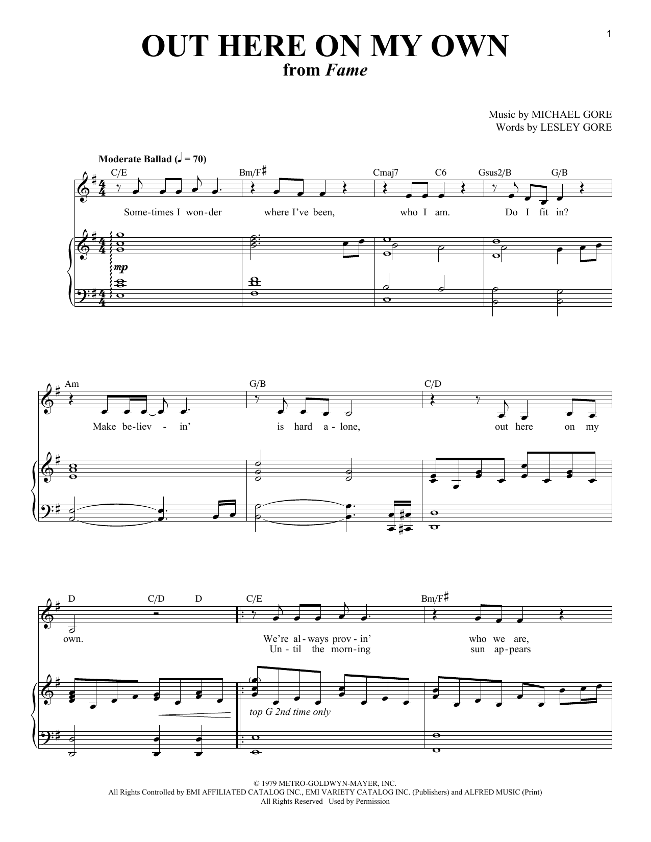 Irene Cara Out Here On My Own (from Fame) sheet music notes and chords. Download Printable PDF.