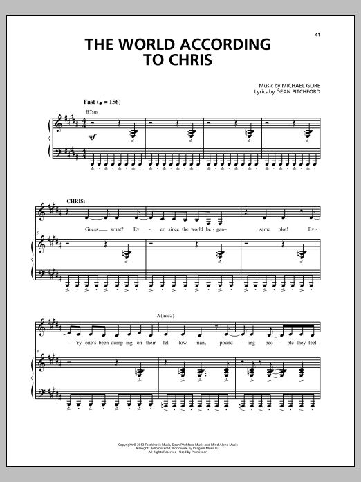 Learn to play Michael Gore The World According To Chris (from Carrie The Musical) sheet music for Piano & Vocal in minutes. Price: 7.8900$ Michael Gore The World According To Chris (from Carrie The Musical) sheet music notes and chords arranged for Piano & Vocal