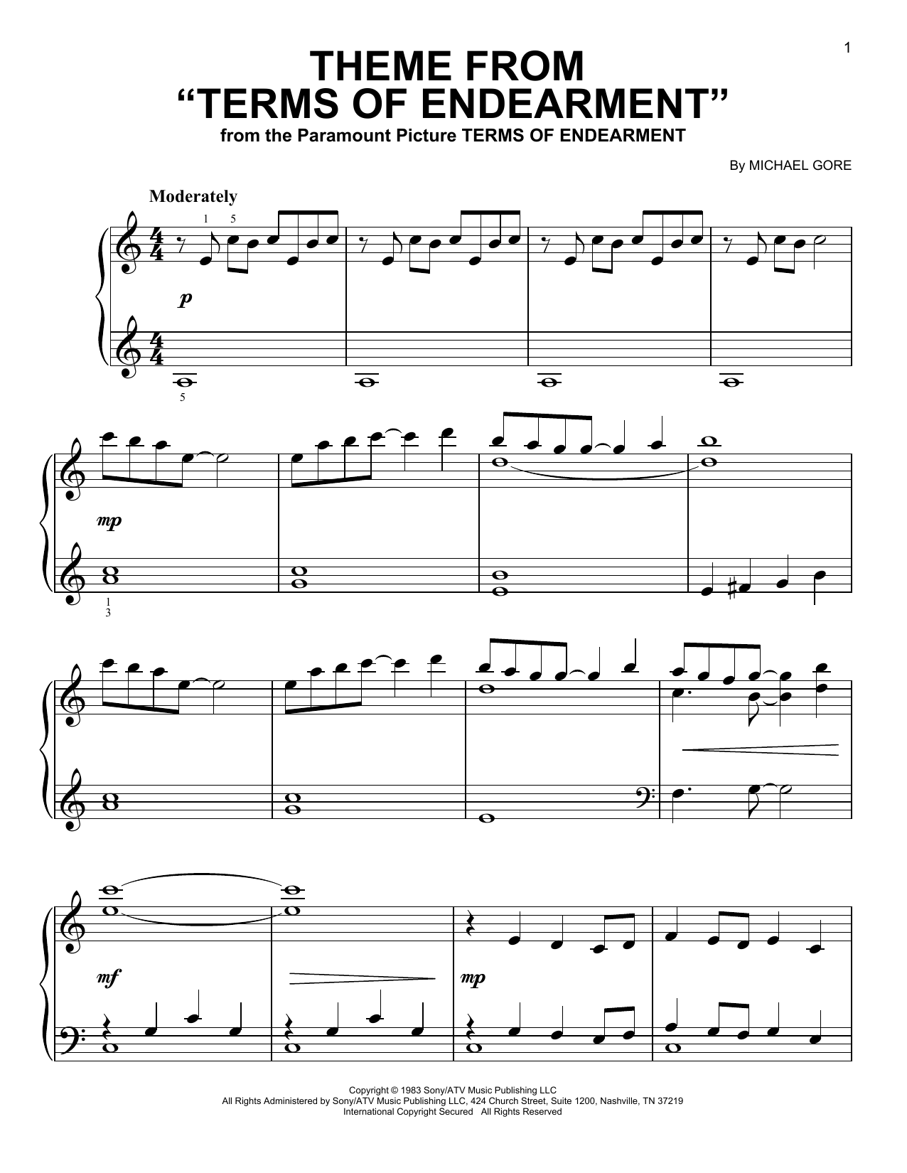 Michael Gore Theme From Terms Of Endearment sheet music notes and chords. Download Printable PDF.