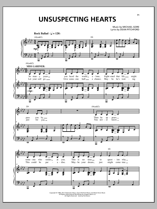 Michael Gore Unsuspecting Hearts (from Carrie The Musical) sheet music notes and chords. Download Printable PDF.