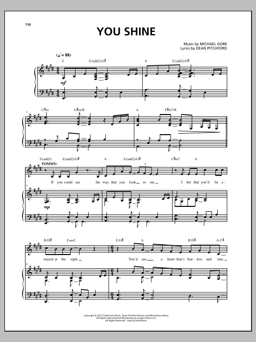 Learn to play Michael Gore You Shine sheet music for Piano & Vocal in minutes. Price: 7.8900$ Michael Gore You Shine sheet music notes and chords arranged for Piano & Vocal