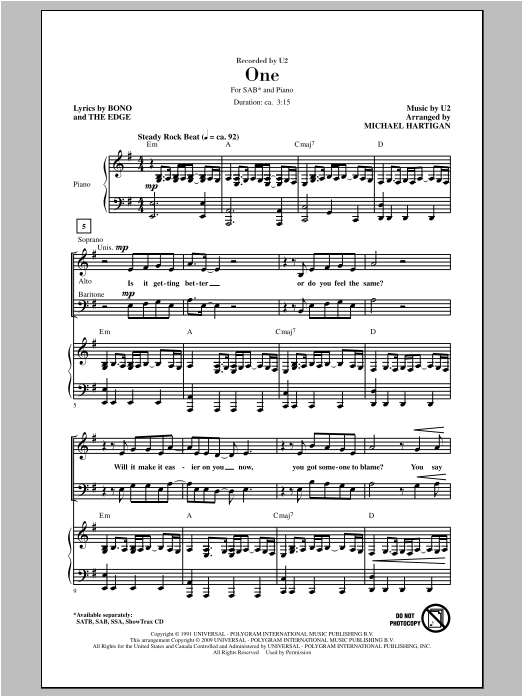 U2 One (arr. Michael Hartigan) sheet music notes and chords arranged for SAB Choir