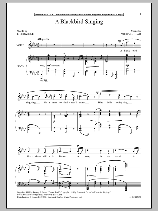 Michael Head A Blackbird Singing sheet music notes and chords. Download Printable PDF.