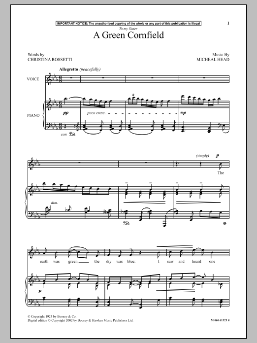 Michael Head A Green Cornfield sheet music notes and chords. Download Printable PDF.