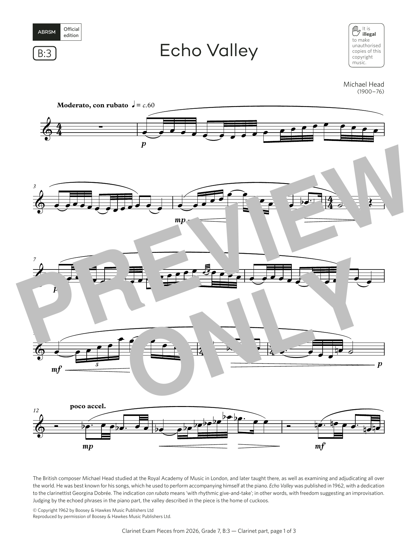 Learn to play Michael Head Echo Valley (Grade 7, list B3, from the ABRSM Clarinet Syllabus from 2026) sheet music for Clarinet Solo in minutes. Price: 6.9900$ Michael Head Echo Valley (Grade 7, list B3, from the ABRSM Clarinet Syllabus from 2026) sheet music notes and chords arranged for Clarinet Solo