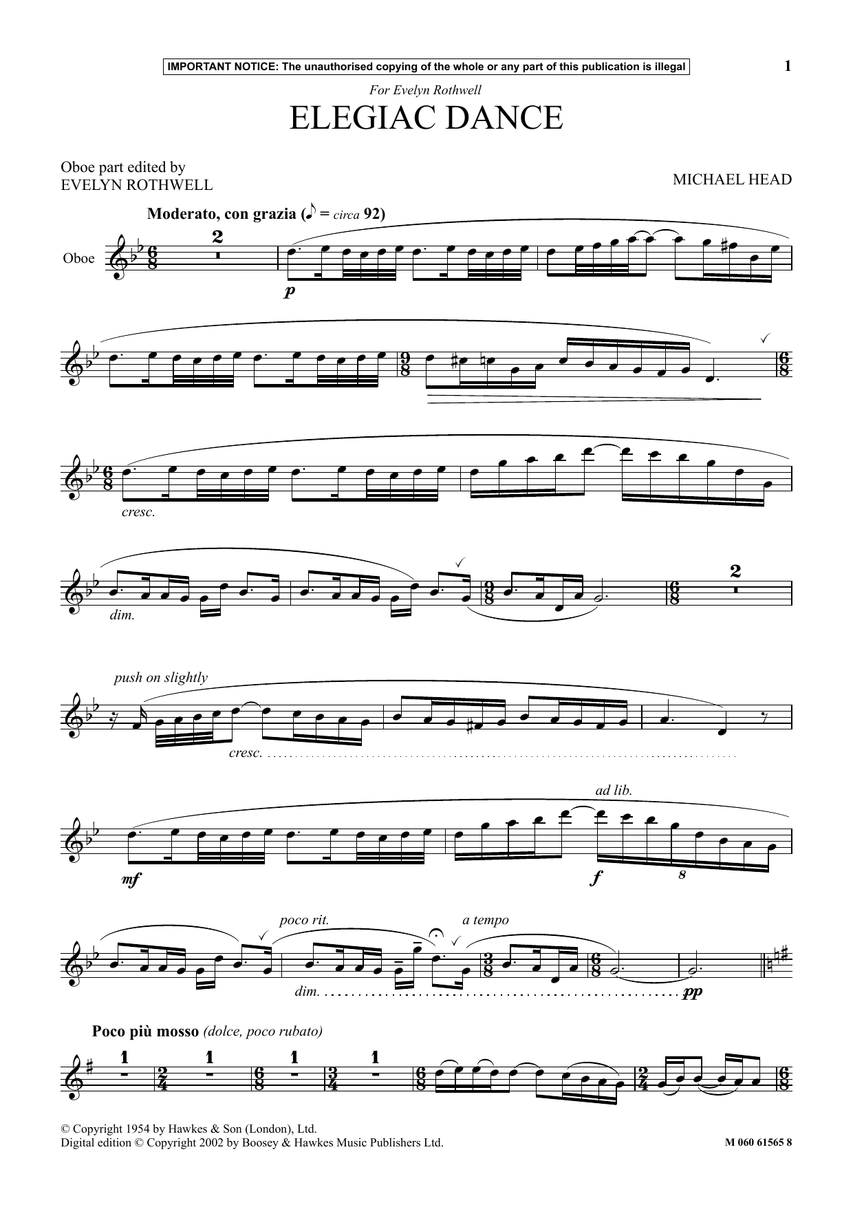 Michael Head Elegiac Dance sheet music notes and chords. Download Printable PDF.