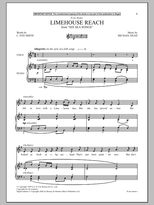 Learn to play Michael Head Limehouse Reach (from Six Sea Songs) sheet music for Piano & Vocal in minutes. Price: 6.9900$ Michael Head Limehouse Reach (from Six Sea Songs) sheet music notes and chords arranged for Piano & Vocal