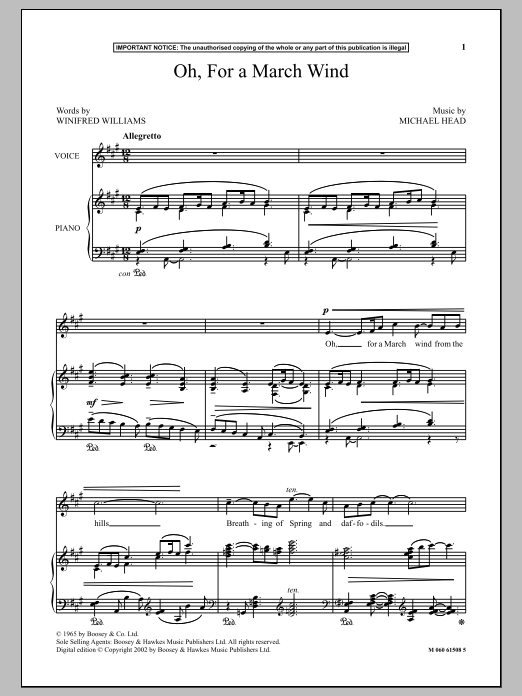 Learn to play Michael Head Oh, For A March Wind sheet music for Piano & Vocal in minutes. Price: 6.9900$ Michael Head Oh, For A March Wind sheet music notes and chords arranged for Piano & Vocal