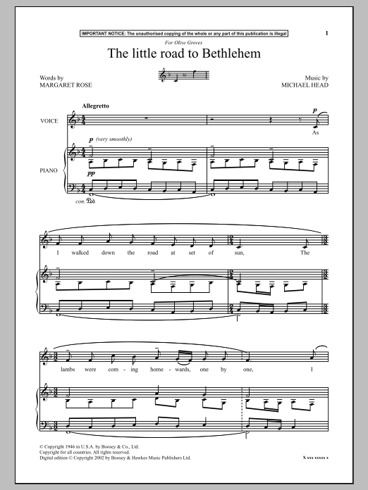 Michael Head The Little Road To Bethlehem sheet music notes and chords. Download Printable PDF.