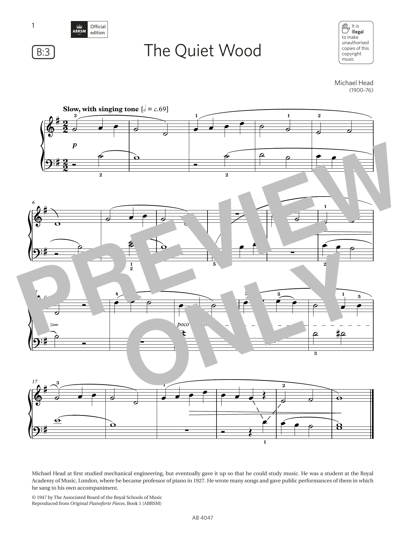 Michael Head The Quiet Wood (Grade 1, list B3, from the ABRSM Piano Syllabus 2023 & 2024) sheet music notes and chords. Download Printable PDF.