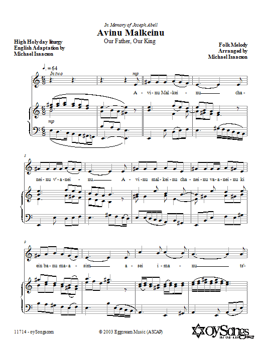 Learn to play Michael Isaacson Avinu Malkeinu sheet music for Piano Solo in minutes. Price: 6.9900$ Michael Isaacson Avinu Malkeinu sheet music notes and chords arranged for Piano Solo