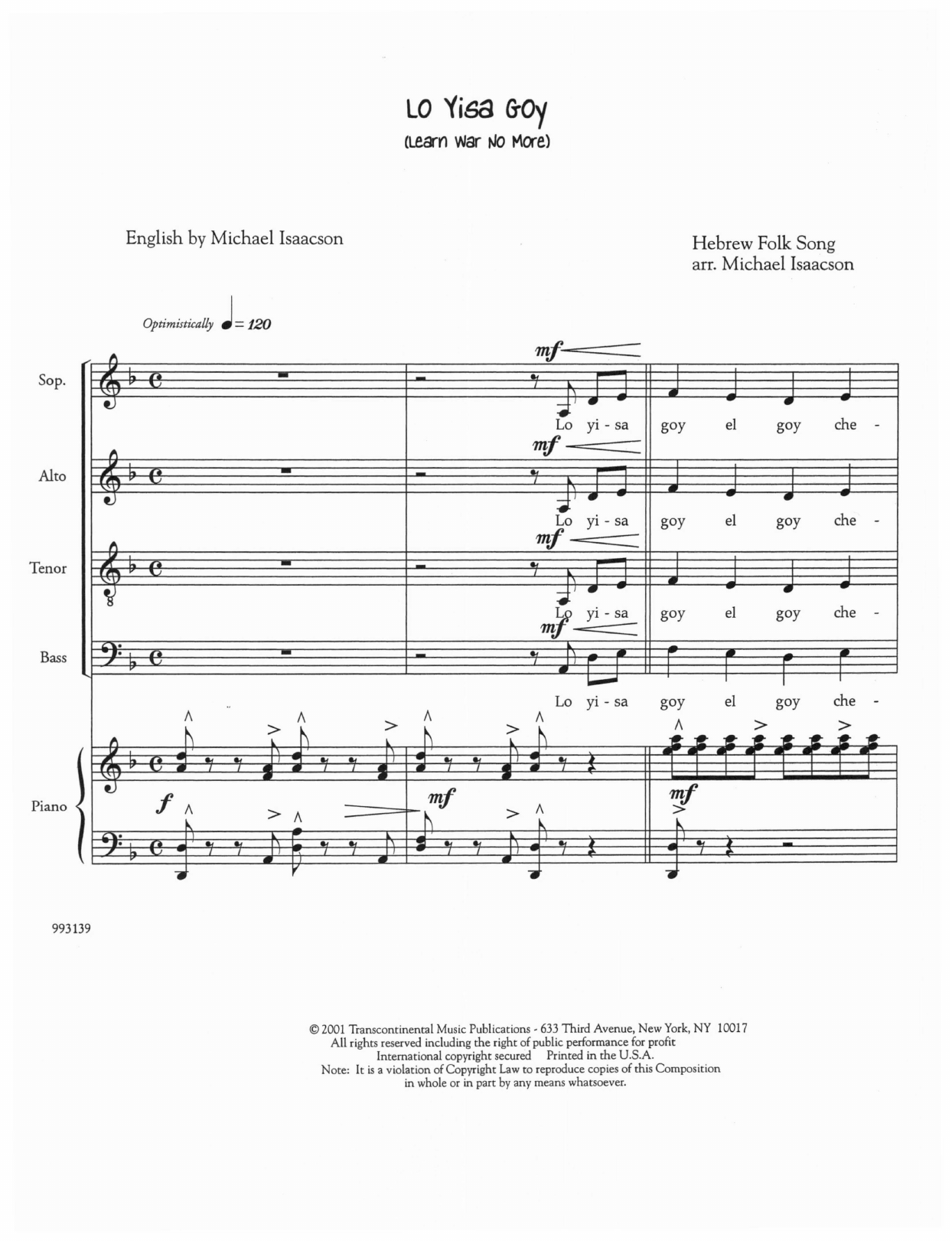 Michael Isaacson Lo Yisa Goy (Learn War No More) sheet music notes and chords. Download Printable PDF.