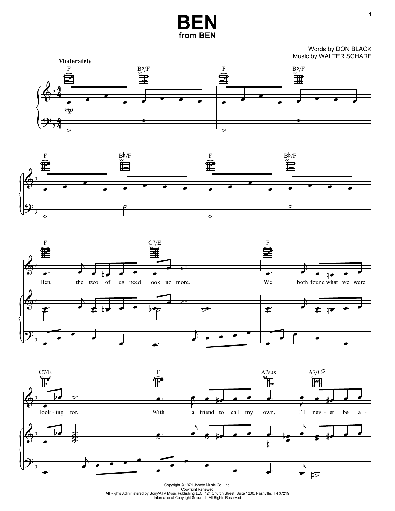 Michael Jackson Ben sheet music notes and chords. Download Printable PDF.