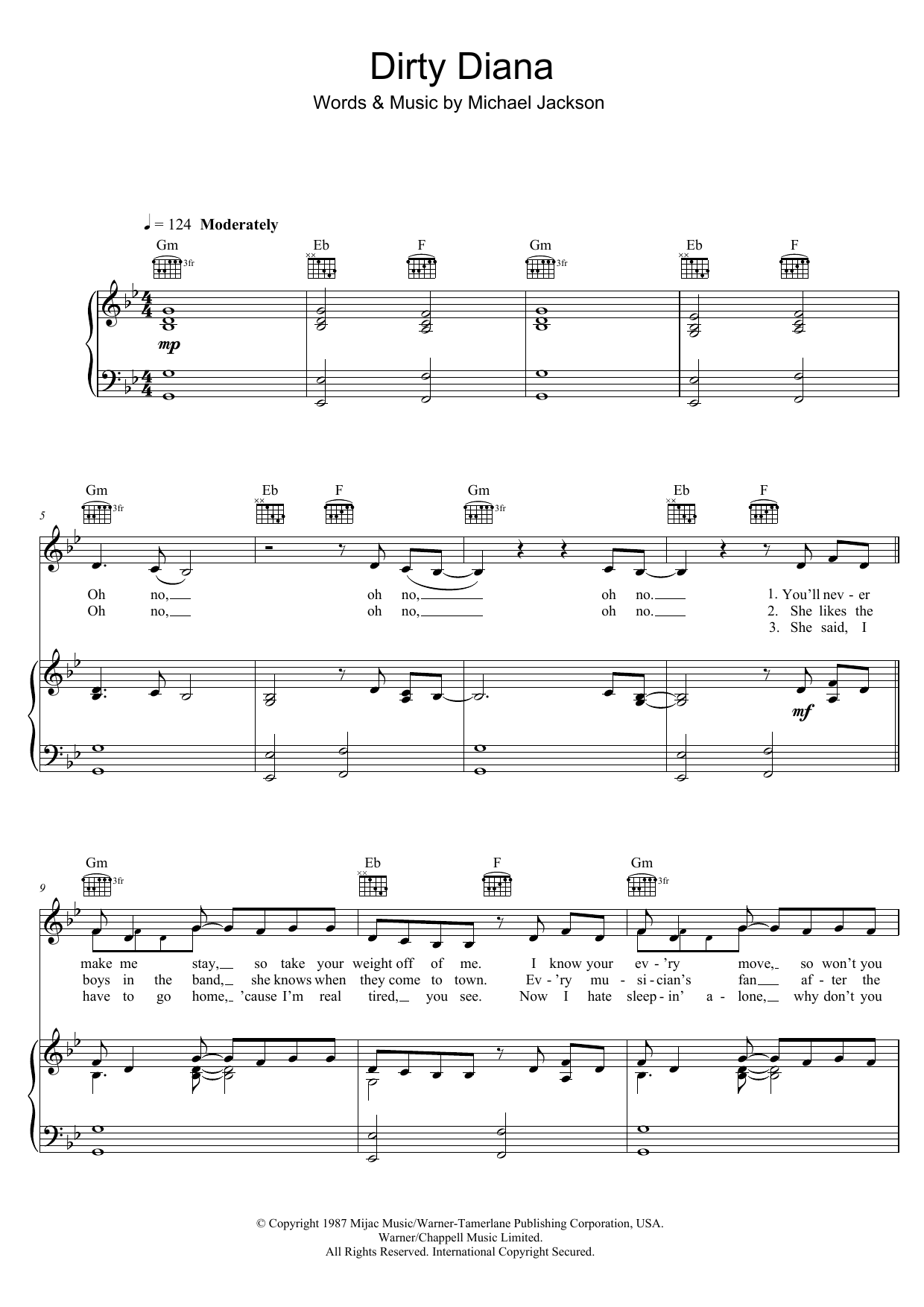 Michael Jackson Dirty Diana sheet music notes and chords. Download Printable PDF.