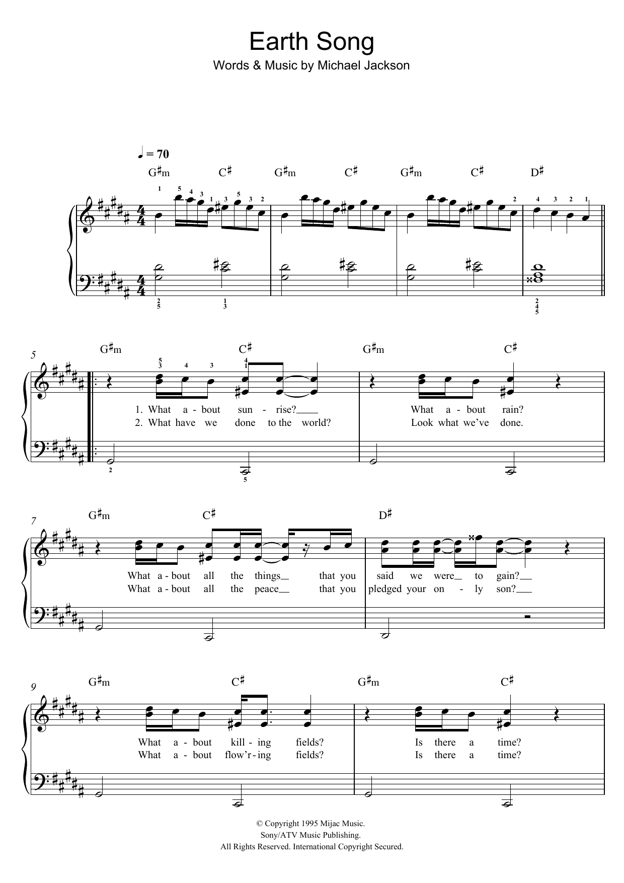 Michael Jackson Earth Song sheet music notes and chords. Download Printable PDF.