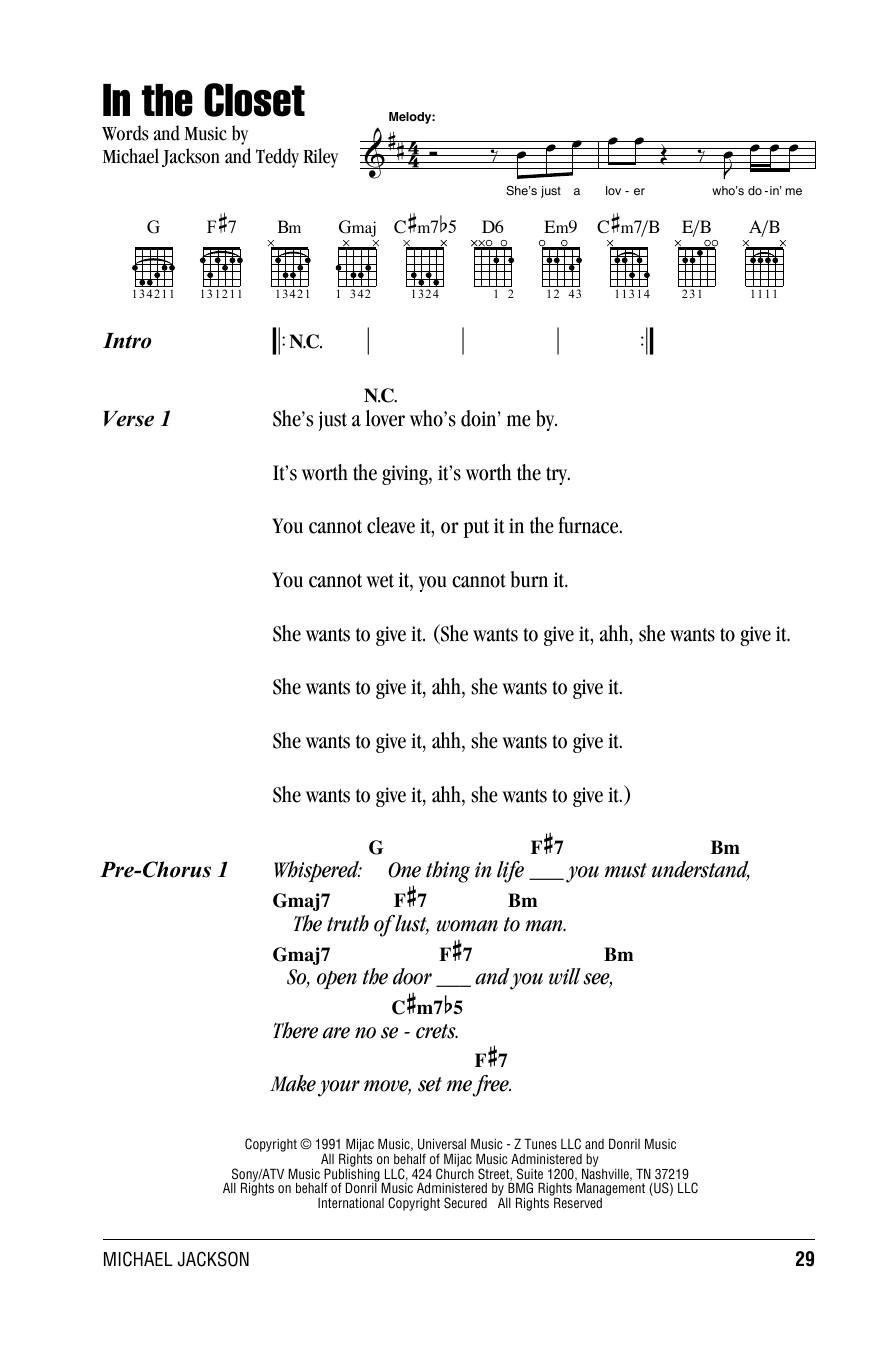 Michael Jackson In The Closet sheet music notes and chords. Download Printable PDF.