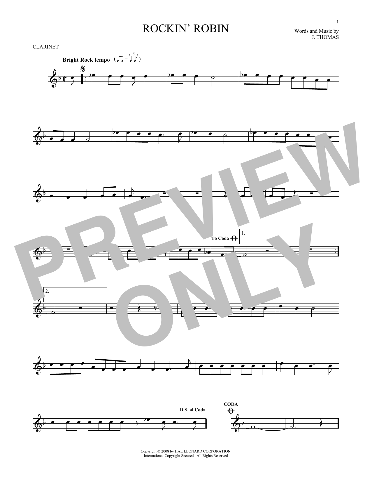 J. Thomas Rockin' Robin sheet music notes and chords. Download Printable PDF.