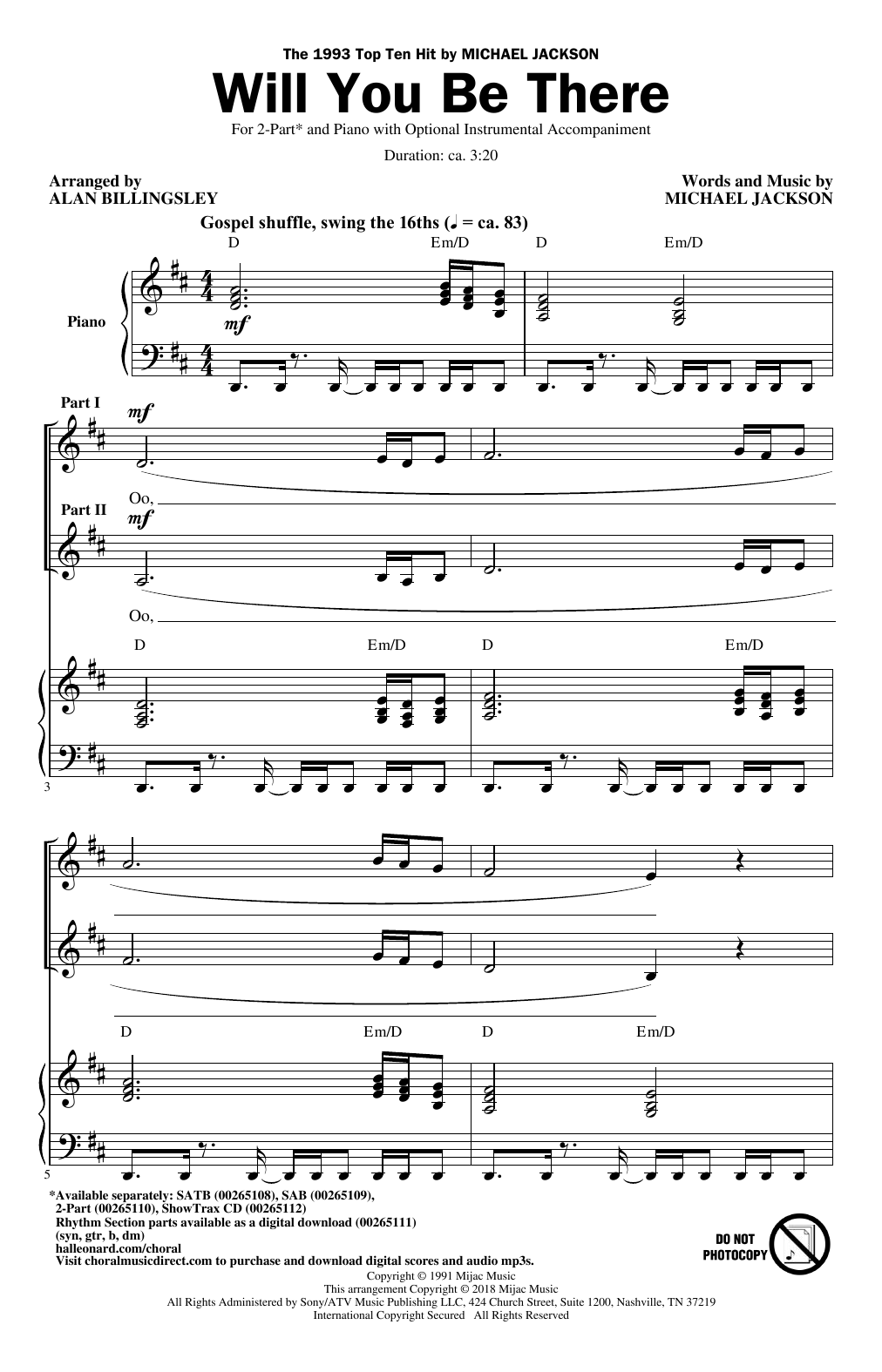 Michael Jackson Will You Be There (Arr. Alan Billingsley) sheet music notes and chords. Download Printable PDF.