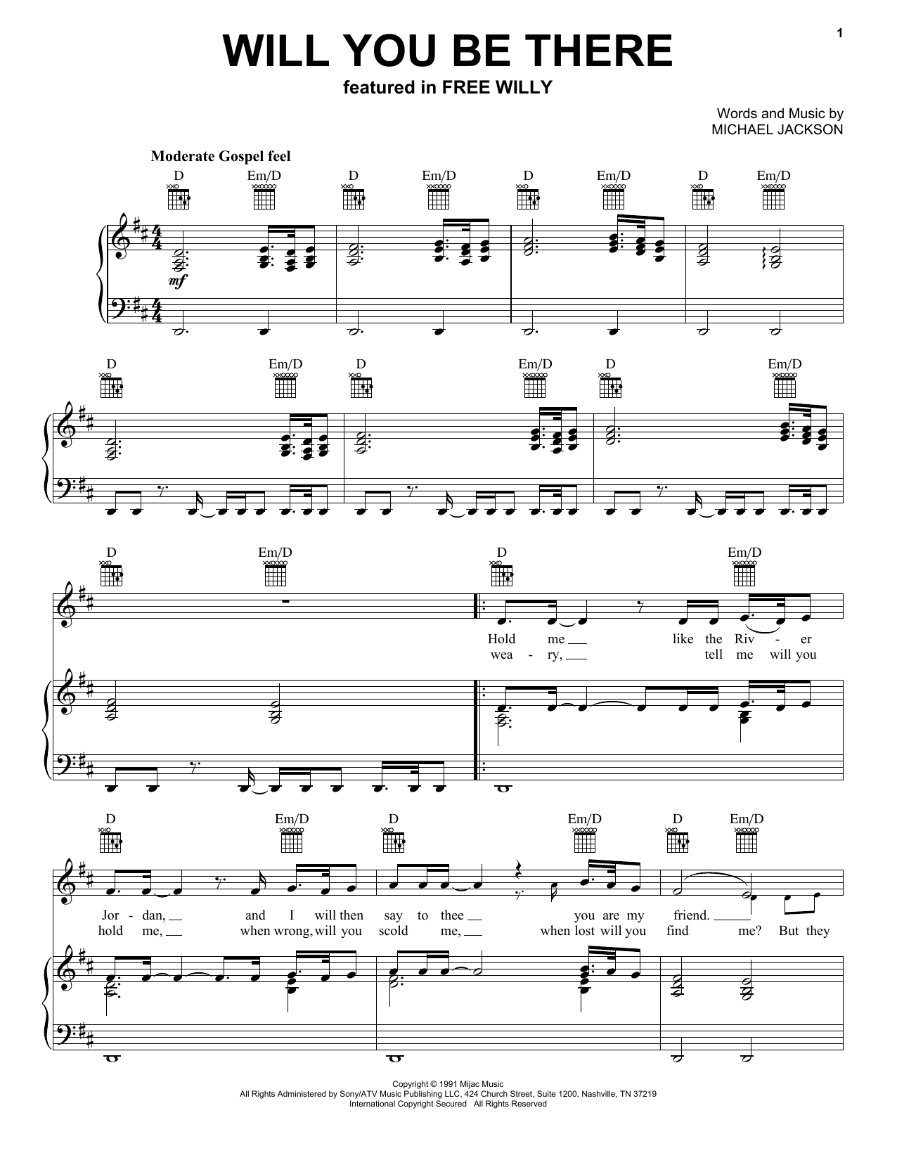 Michael Jackson Will You Be There (Theme from Free Willy) sheet music notes and chords. Download Printable PDF.