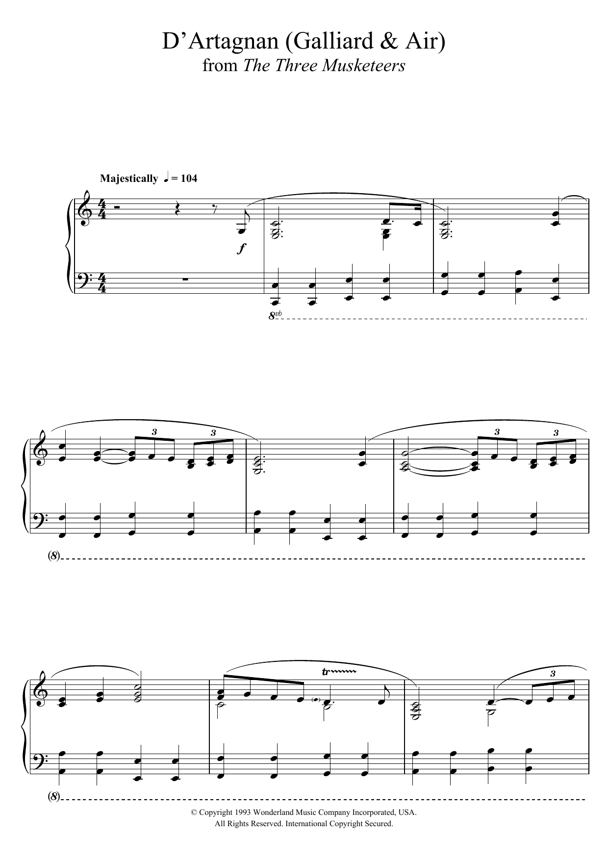 Michael Kamen The Three Musketeers (D'Artagnan (Galliard & Air)) sheet music notes and chords arranged for Piano Solo