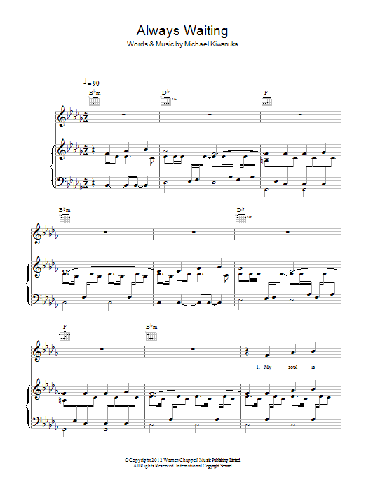 Learn to play Michael Kiwanuka Always Waiting sheet music for Piano, Vocal & Guitar Chords in minutes. Price: 7.8900$ Michael Kiwanuka Always Waiting sheet music notes and chords arranged for Piano, Vocal & Guitar Chords