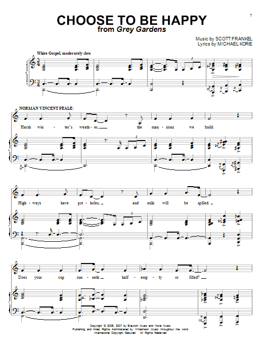 Learn to play Michael Korie Choose To Be Happy sheet music for Piano, Vocal & Guitar Chords (Right-Hand Melody) in minutes. Price: 7.8900$ Michael Korie Choose To Be Happy sheet music notes and chords arranged for Piano, Vocal & Guitar Chords (Right-Hand Melody)