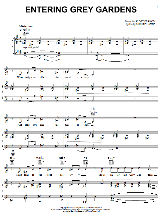 Learn to play Michael Korie Entering Grey Gardens sheet music for Piano, Vocal & Guitar Chords (Right-Hand Melody) in minutes. Price: 7.8900$ Michael Korie Entering Grey Gardens sheet music notes and chords arranged for Piano, Vocal & Guitar Chords (Right-Hand Melody)