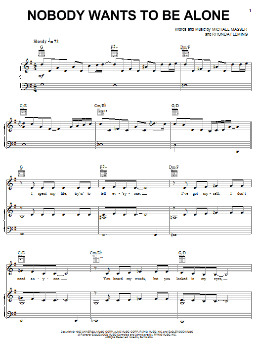 Learn to play Michael Masser Nobody Wants To Be Alone sheet music for Piano, Vocal & Guitar Chords (Right-Hand Melody) in minutes. Price: 7.8900$ Michael Masser Nobody Wants To Be Alone sheet music notes and chords arranged for Piano, Vocal & Guitar Chords (Right-Hand Melody)