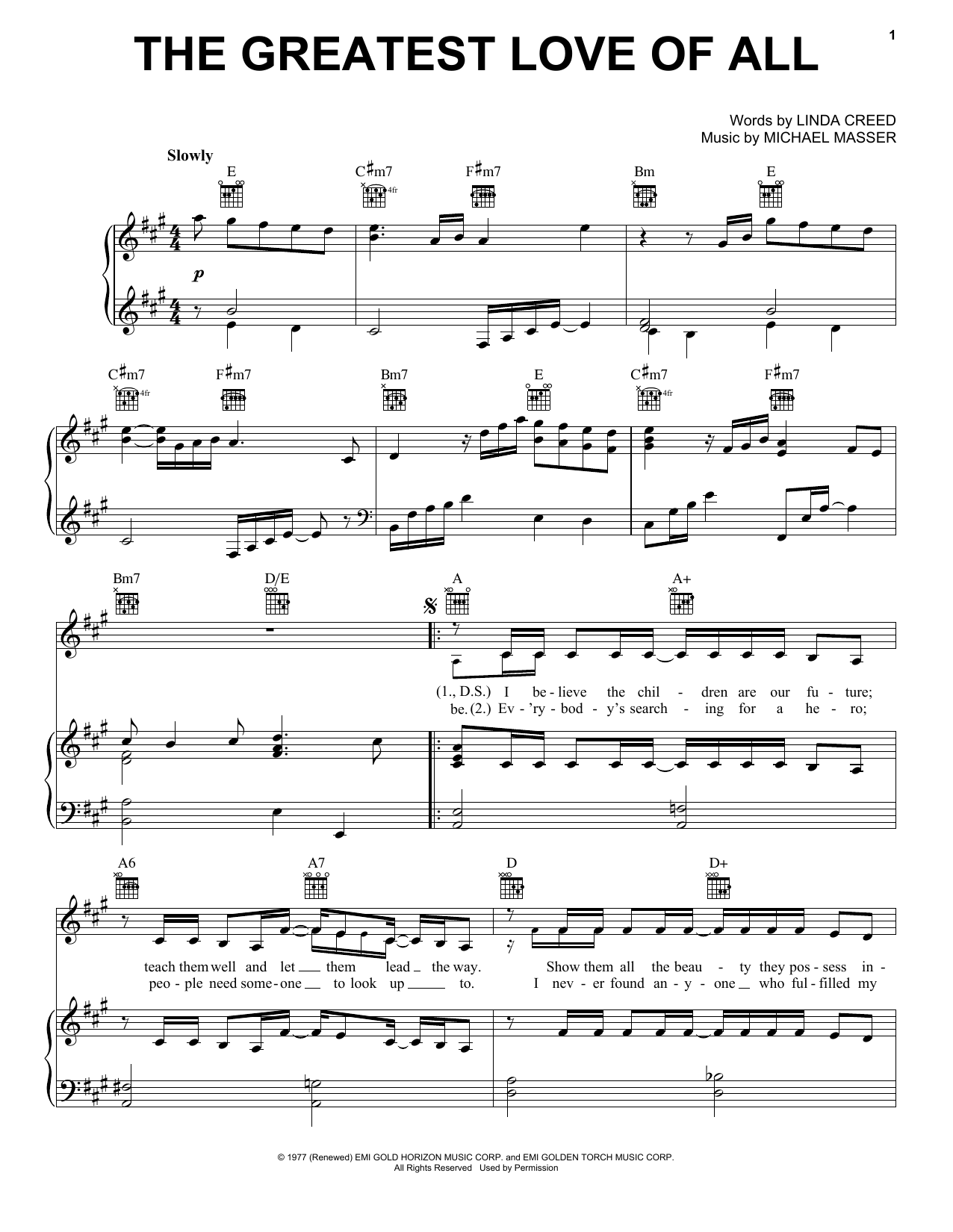 Michael Masser The Greatest Love Of All sheet music notes and chords. Download Printable PDF.