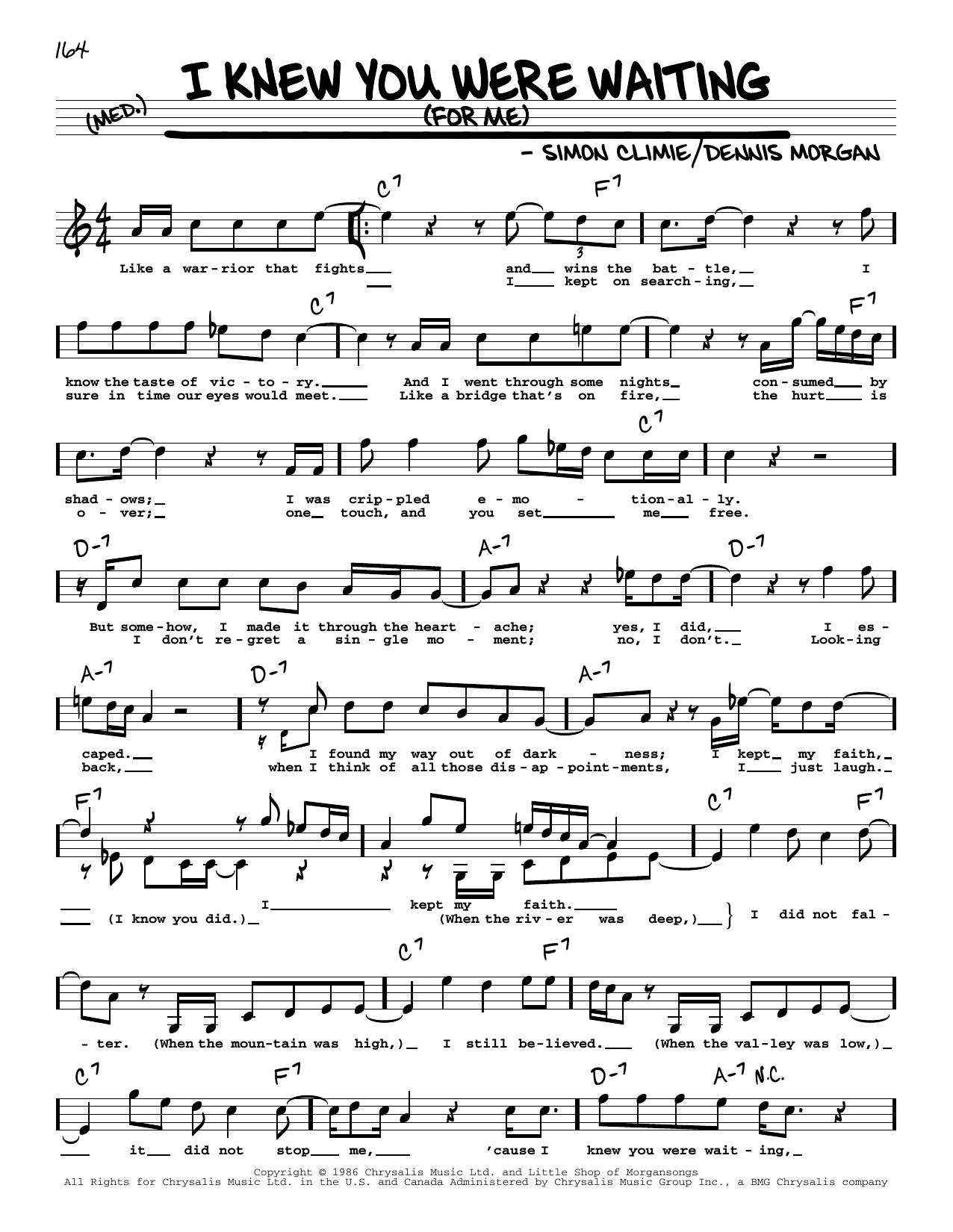 Learn to play Michael McDonald I Knew You Were Waiting (For Me) (High Voice) sheet music for Real Book – Melody, Lyrics & Chords in minutes. Price: 5.9900$ Michael McDonald I Knew You Were Waiting (For Me) (High Voice) sheet music notes and chords arranged for Real Book – Melody, Lyrics & Chords
