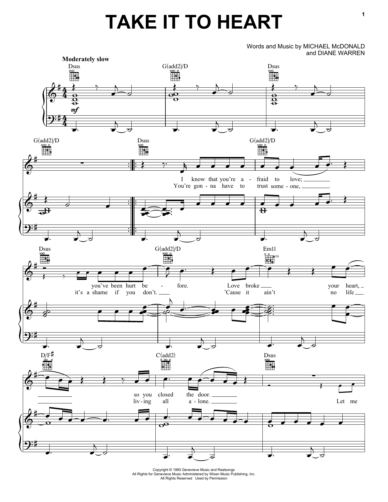Michael McDonald Take It To Heart sheet music notes and chords arranged for Piano, Vocal & Guitar Chords (Right-Hand Melody)