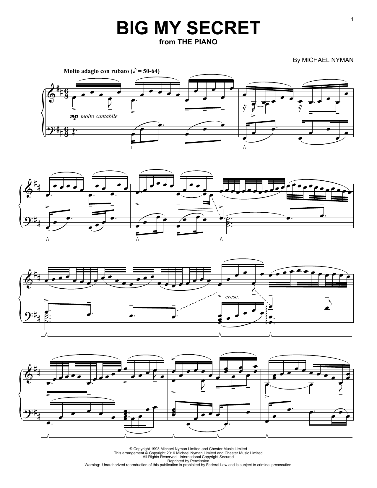 Michael Nyman Big My Secret (from The Piano) sheet music notes and chords. Download Printable PDF.