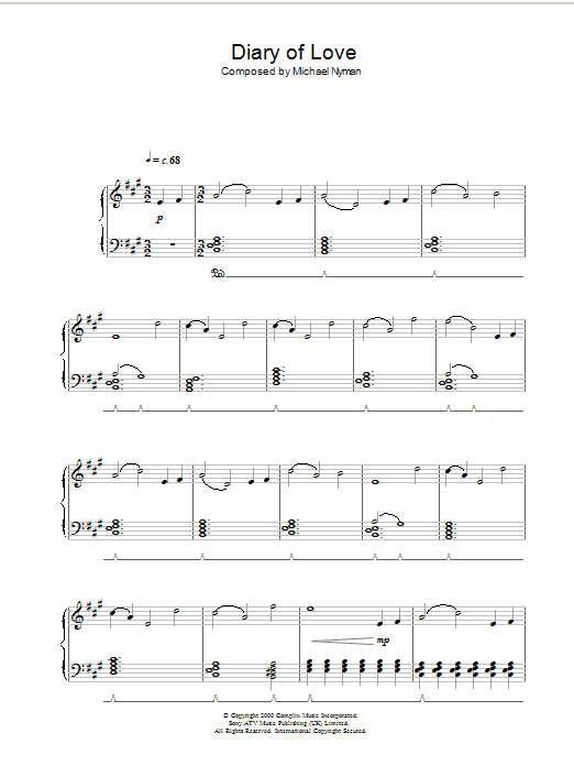 Michael Nyman Diary Of Love (from The End Of The Affair) sheet music notes and chords arranged for Piano Solo