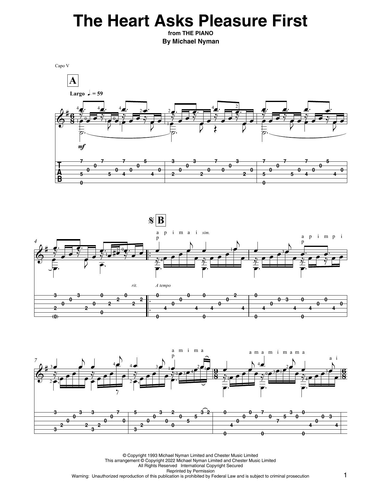 Michael Nyman The Heart Asks Pleasure First (from The Piano) (arr. David Jaggs) sheet music notes and chords. Download Printable PDF.