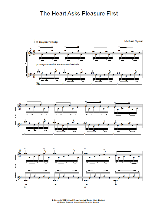 Michael Nyman The Heart Asks Pleasure First: The Promise/The Sacrifice (from The Piano) sheet music notes and chords. Download Printable PDF.