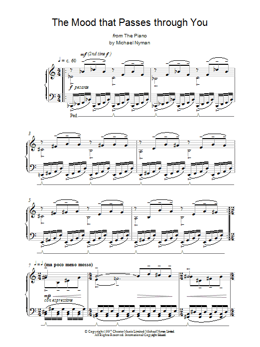 Michael Nyman The Mood That Passes Through You (from The Piano) sheet music notes and chords arranged for Piano Solo