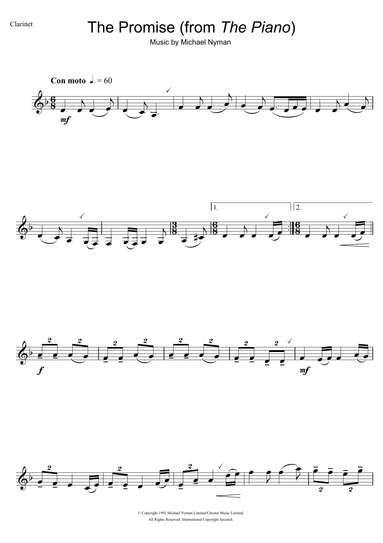 Michael Nyman The Promise (from The Piano) sheet music notes and chords. Download Printable PDF.