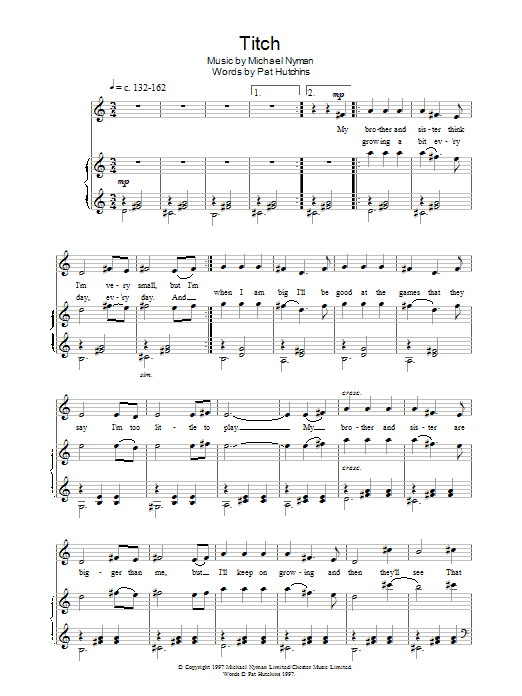 Learn to play Michael Nyman Titch sheet music for Piano, Vocal & Guitar Chords in minutes. Price: 7.8900$ Michael Nyman Titch sheet music notes and chords arranged for Piano, Vocal & Guitar Chords