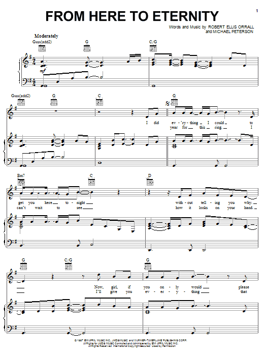 Learn to play Michael Peterson From Here To Eternity sheet music for Piano, Vocal & Guitar Chords (Right-Hand Melody) in minutes. Price: 7.8900$ Michael Peterson From Here To Eternity sheet music notes and chords arranged for Piano, Vocal & Guitar Chords (Right-Hand Melody)