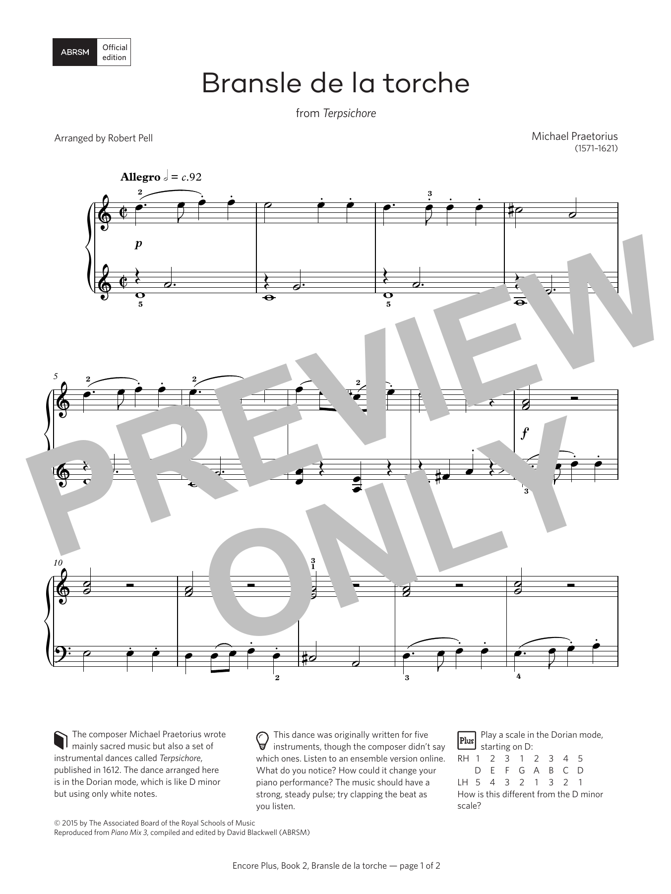 Michael Praetorius Bransle de la torche (Encore Plus, Book 2) sheet music notes and chords arranged for Piano Solo