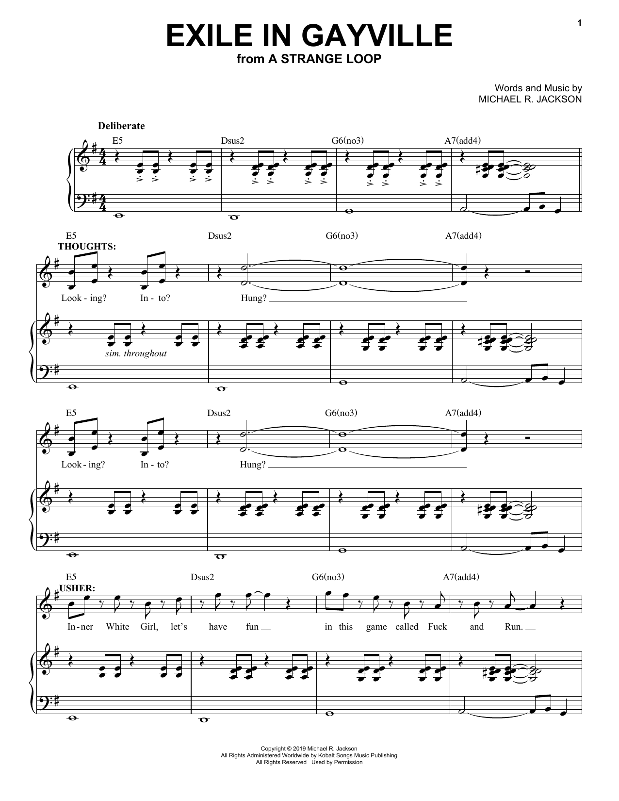 Learn to play Michael R. Jackson Exile In Gayville (from A Strange Loop) sheet music for Piano & Vocal in minutes. Price: 7.8900$ Michael R. Jackson Exile In Gayville (from A Strange Loop) sheet music notes and chords arranged for Piano & Vocal