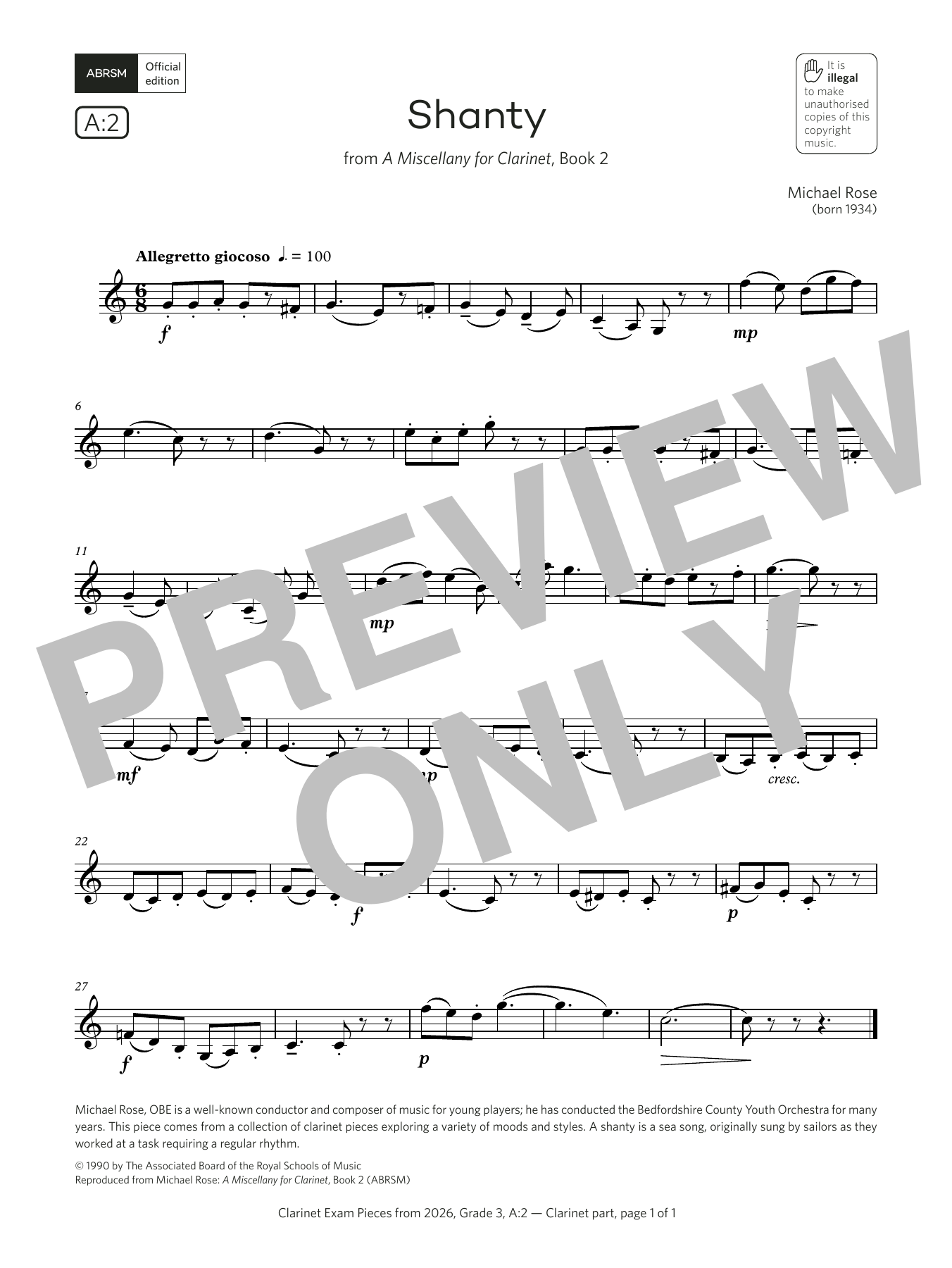 Learn to play Michael Rose Shanty (Grade 3, list A2, from the ABRSM Clarinet Syllabus from 2026) sheet music for Clarinet Solo in minutes. Price: 5.9900$ Michael Rose Shanty (Grade 3, list A2, from the ABRSM Clarinet Syllabus from 2026) sheet music notes and chords arranged for Clarinet Solo