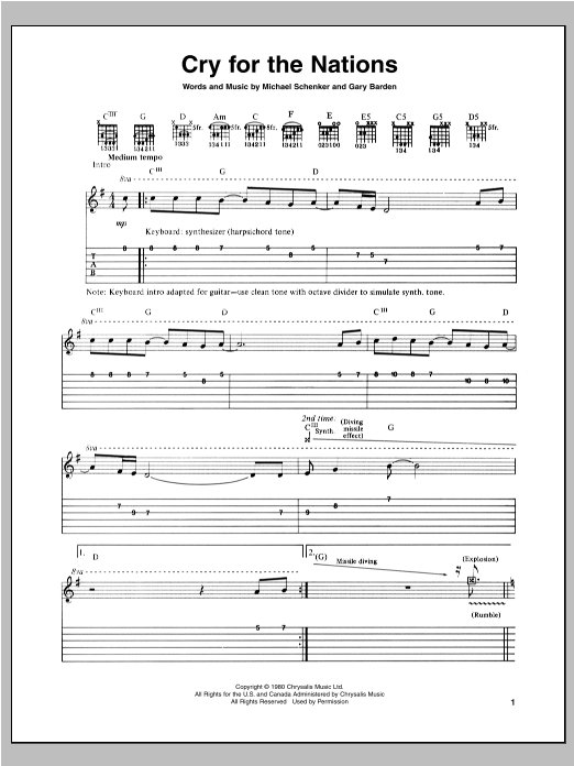 Learn to play Michael Schenker Cry For The Nations sheet music for Guitar Tab in minutes. Price: 7.8900$ Michael Schenker Cry For The Nations sheet music notes and chords arranged for Guitar Tab