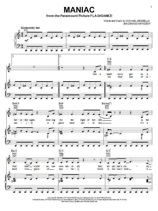 Michael Sembello Maniac sheet music notes and chords. Download Printable PDF.